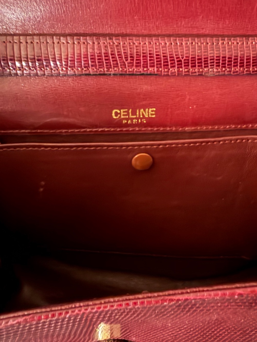 Vintage Celine Burgundy Lizard Skin Crossbody Bag with Gold Accent - Picture 5 of 6